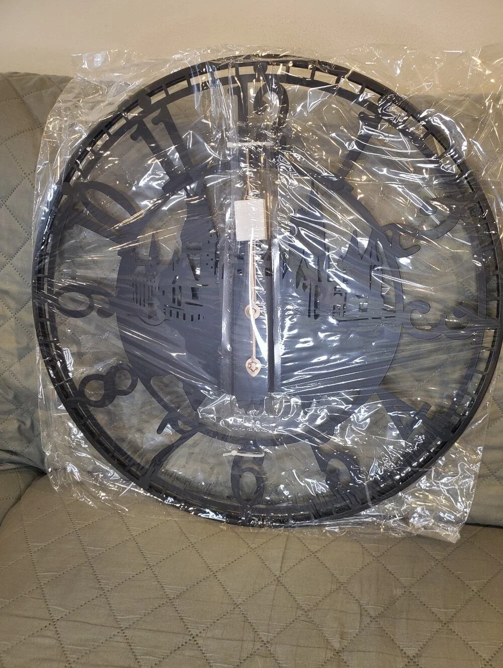 Black Metal Decorative Wall Clock with Castle Silhouette NWT